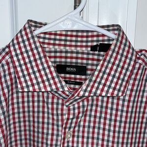 Plaid Black & Red Check Swept Collar Hugo Boss Dress Shirt 17 x 34/35 Slim Fit